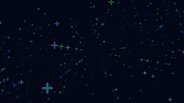 Futuristic abstract space background with glowing plus signs and star particles moving in perspective, ideal for technology, science, data, and digital universe themes