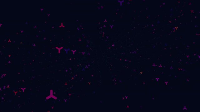 Futuristic abstract footage of glowing particles and Y-shaped symbols drifting in a dark cosmic field, creating a dynamic starburst motion for science and tech visuals