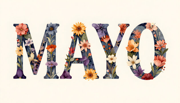 Texto de mes de Mayo hecho con ilustraci&oacute;n de plantas y flores