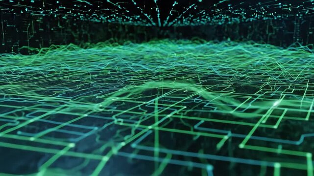 Abstract visualization of a futuristic digital network with glowing green data streams and connections.