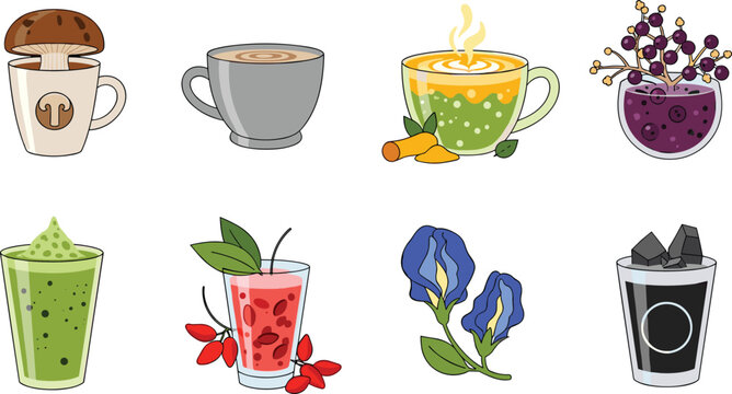 Healthy Superfood Beverage Vector Illustration Set Featuring Mushroom Coffee, Turmeric Latte, Matcha Smoothie, Goji Berry Drink, Charcoal Lemonade, and Butterfly Pea Tea