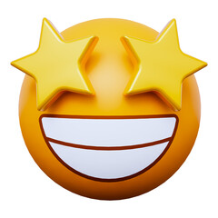Smiling face emoji with two stars covering eyes on transparent background