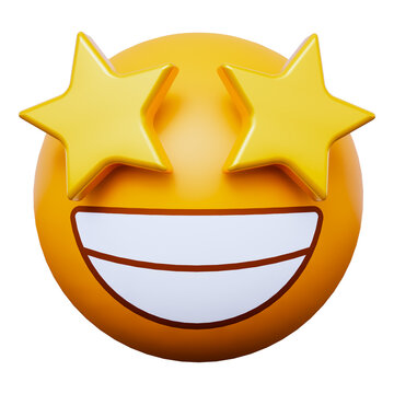 Smiling face emoji with two stars covering eyes on transparent background