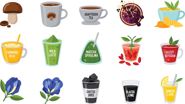 Modern Wellness and Functional Beverage Vector Icon Set Featuring Mushroom Coffee Golden Milk Adaptogen Tea and Charcoal Detox Juice for Health Cafe and Nutrition Designs