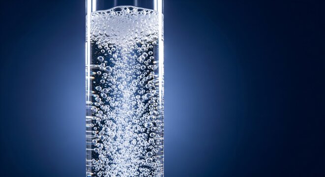 Glass test tube with vigorous white gas bubbles and effervescence, chemical fizz, plain royal navy blue background.