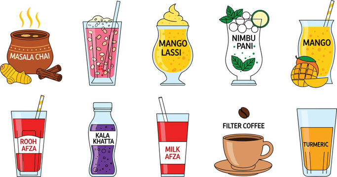 South Asian Traditional Beverage Vector Icon Set Featuring Masala Chai Mango Lassi Nimbu Pani Rooh Afza and Turmeric Milk for Authentic Indian Restaurant Menus