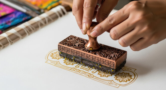 Batik Stamping Artist Pressing Intricate Metal Block Onto White Fabric