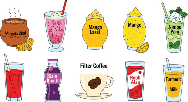 Traditional Indian and South Asian Beverage Icon Set Featuring Masala Chai Mango Lassi Nimbu Pani Kala Khatta Rooh Afza and Turmeric Milk for Authentic Restaurant Menus