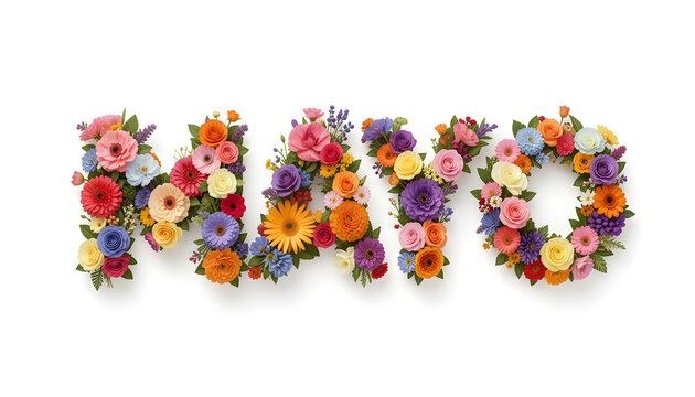 Texto de mes de Mayo hecho con ilustraci&oacute;n de plantas y flores