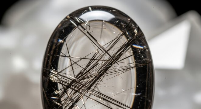Delicate natural mineral inclusions of black rutile needles within a polished clear quartz gemstone