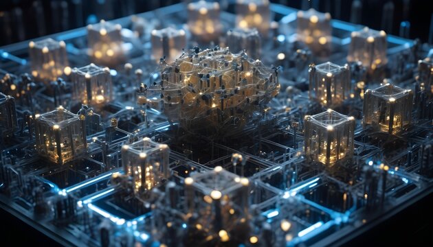 Abstract 3D Model of Urban Cityscape on a Dark Background