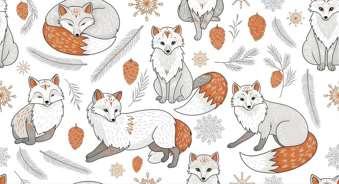 Seamless Scandinavian Folk Art Arctic Fox Pattern, Winter Forest Pine and Snowflake Vector, Hand-Drawn Nordic Surface Design