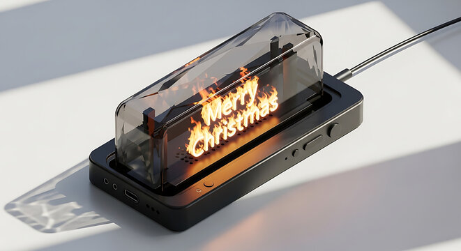 Retro Nixie tube display showing "Merry Christmas" with pixelated orange glowing text on a dark base, festive holiday digital signage concept