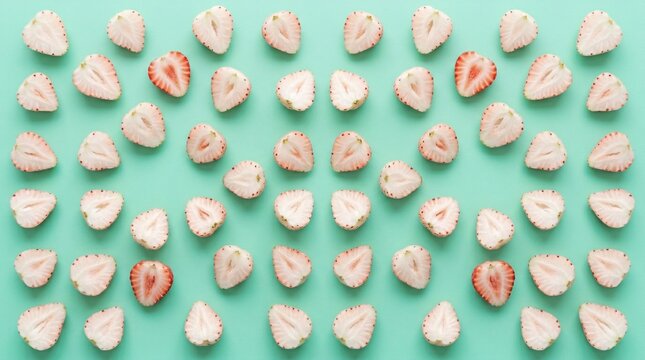 Flat lay photography showing halved white pineberries with bright red seeds arranged symmetrically and scattered on a vibrant mint green background.