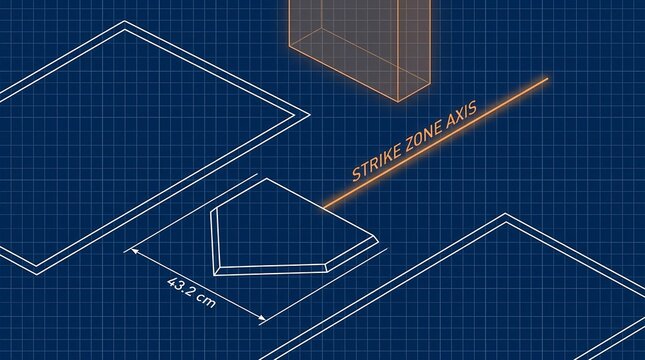 Technical blue-grid illustration explaining the pentagonal shape of a baseball home plate and the strike zone axis.