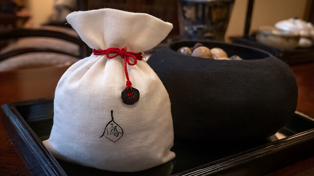 White fabric bag with red string on tray symbolizing global connectivity and communication