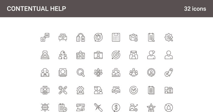 Contextual help UI icon set in minimal outline style for user support guidance tooltips and interface assistance design systems
