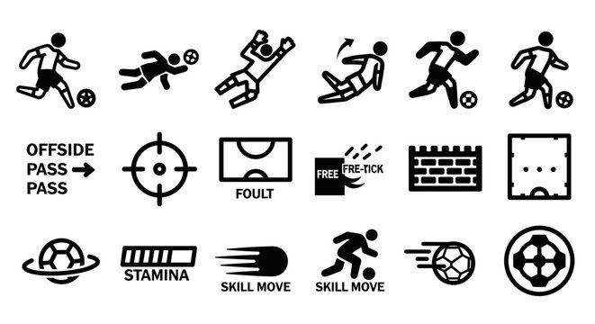 Dynamic soccer icons showcase game actions, featuring players in motion, strategic plays, and essential elements like free kicks, fouls, and stamina bars, rendered with bold lines