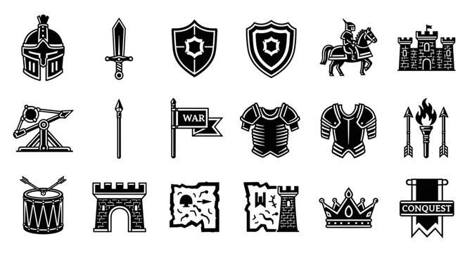 Medieval war symbols set, featuring helmet, sword, shield, knight on horse, castle, catapult, spear, war flag, armor, arrows, drum, map, crown, and conquest banner, all in a