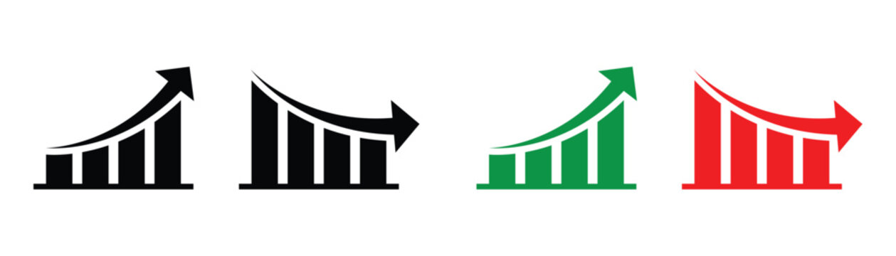 A stock increase and decrease icon set. Business growth and fall graph symbols. Stock increase and decrease  icons set  isolated on transparent background . Vector illustration.  Eps10