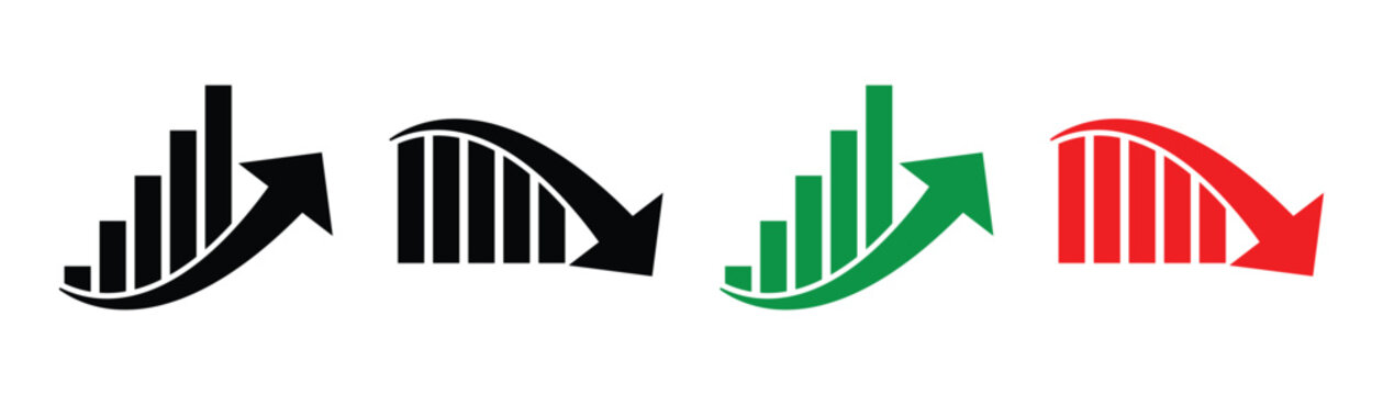A stock increase and decrease icon set. Business growth and fall graph symbols. Stock increase and decrease  icons set  isolated on transparent background . Vector illustration.  Eps10