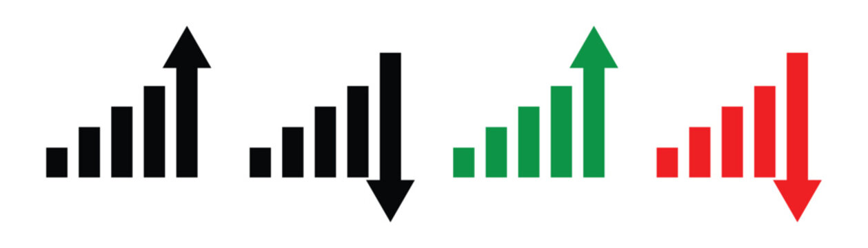 A stock increase and decrease icon set. Business growth and fall graph symbols. Stock increase and decrease  icons set  isolated on transparent background . Vector illustration.  Eps10