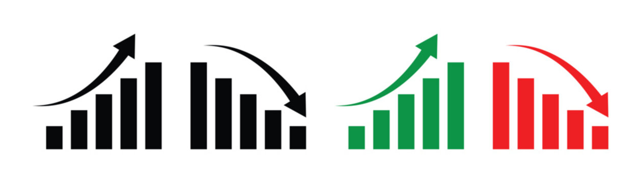 A stock increase and decrease icon set. Business growth and fall graph symbols. Stock increase and decrease  icons set  isolated on transparent background . Vector illustration.  Eps10