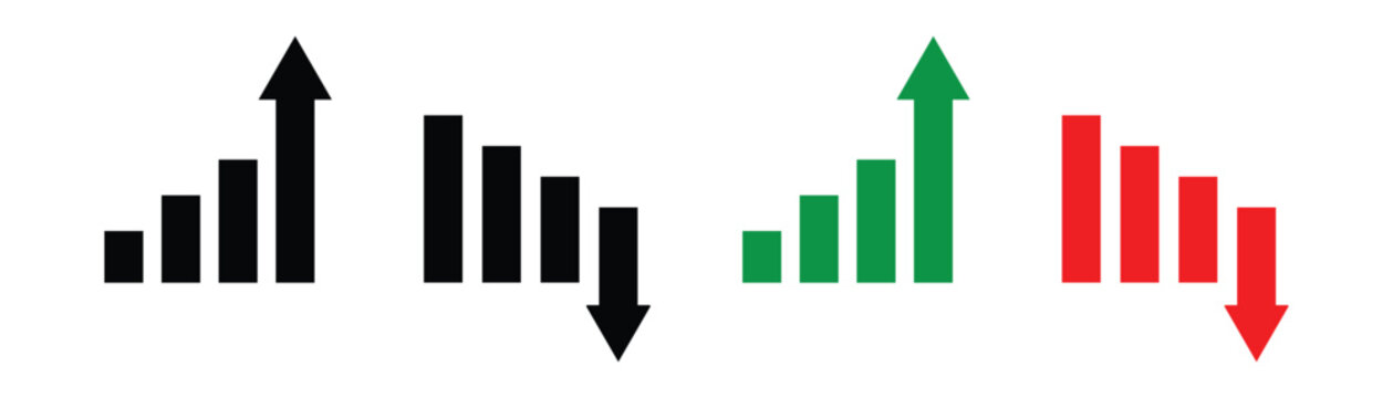 A stock increase and decrease icon set. Business growth and fall graph symbols. Stock increase and decrease  icons set  isolated on transparent background . Vector illustration.  Eps10