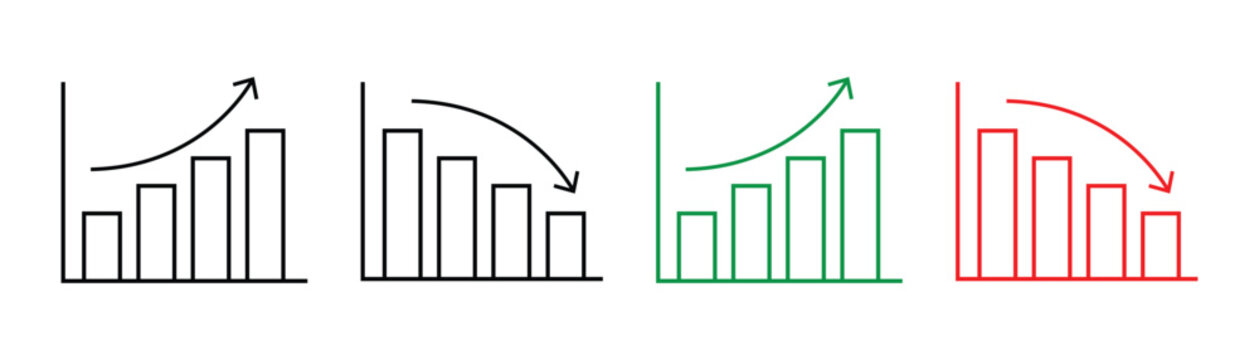 Financial growth and data analysis chart icons set. This icons set showing growth up and down, profit and loss icon, revenue growth and decrease etc. Stock increase and decrease icon set. Eps10