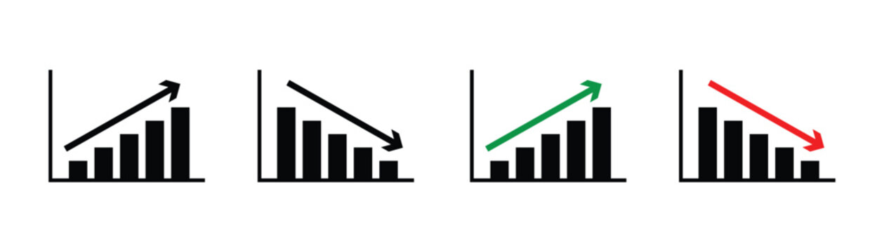 Stock increase and decrease icon set. Business growth and fall graph symbols. Stock increase and decrease  icon set isolated on transparent background. Stock increase and decrease vector illustration.
