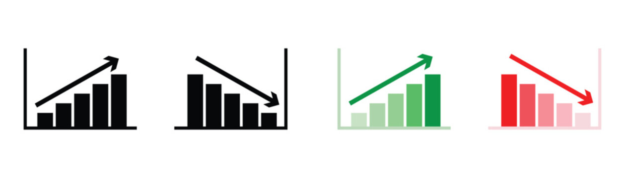 Stock increase and decrease icon set. Business growth and fall graph symbols. Stock increase and decrease  icon set isolated on transparent background. Stock increase and decrease vector illustration.