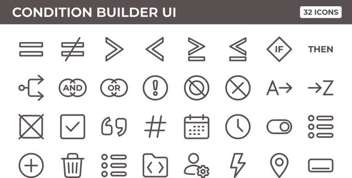 Condition Builder UI Icon Set Outline Style with Logic Operators Rules Filters and Workflow Configuration Tools for Apps