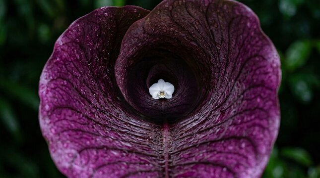 Macro perspective peers carefully inside a massive vibrant purple jungle leaf curled into a tube, revealing a dew-kissed white orchid within.