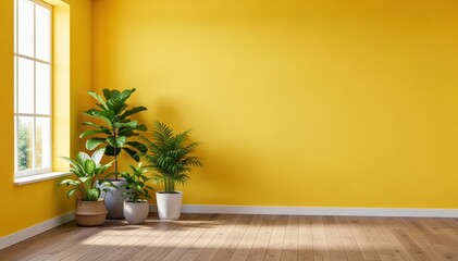 Fototapeta premium Sunny Interior with Potted Plants: A vibrant room bathed in sunshine, featuring a vivid yellow wall, a wooden floor, and a cluster of lush potted plants by the window, creating a warm.