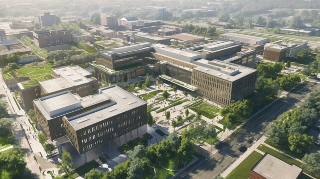 Aerial View of Modern University Campus with Green Spaces and Pathways