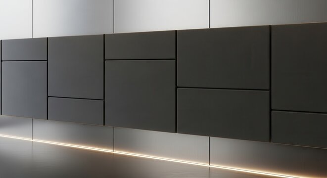 Dark grey acoustic fabric panels with integrated warm lighting on a textured wall