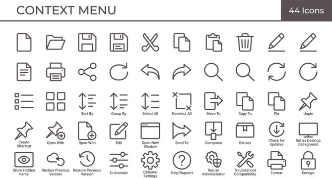 Context Menu Icon Set Outline Style with Interface Controls Editing Actions Navigation and User Interaction Tools for Apps