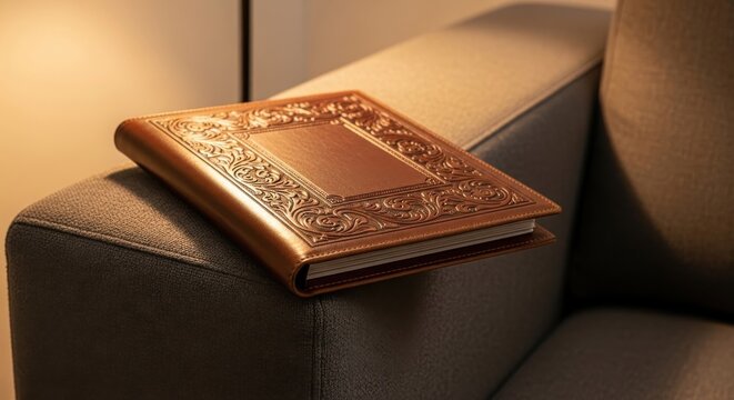 Elegant embossed leather photo album folio resting on a textured surface, showcasing intricate craftsmanship and design.