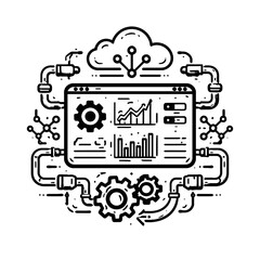 Obraz premium Abstract line art icon depicting a comprehensive cloud computing and data analytics system, highlighting network processing, system management, and digital technology