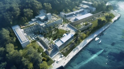 Fototapeta premium Aerial View of Modern Architectural Complex by the Water and Trees