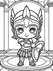 Obraz premium Warrior Illustration: A brave cartoon warrior stands ready with shield, donned in gleaming armor, prepared to protect with courage.