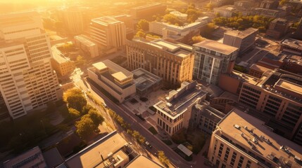 Obraz premium Aerial View of Modern Urban Cityscape During Golden Hour Sunset