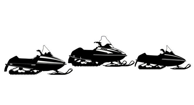 Three snowmobiles in a row side view.