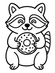 Fototapeta premium Happy Raccoon with Doughnut: A cheerful, cartoon-style raccoon holds a delicious doughnut. This simple, black and white illustration radiates sweetness.