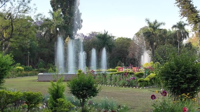Landscaped Garden with Decorative Fountain and Flower Beds in Botanical Park