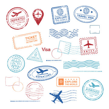 Collection of Vintage Travel Stamps, Passport Markings, and Visa Seals