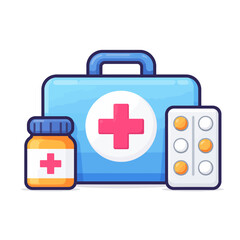 Fototapeta premium First aid kit and medical supplies with pills and capsules for emergency health care and treatment
