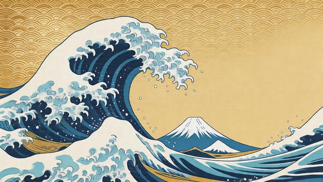 Large tsunami wave crashing in traditional Japanese ukiyoe style Mount Fuji in background golden textured pattern classic woodblock print art design