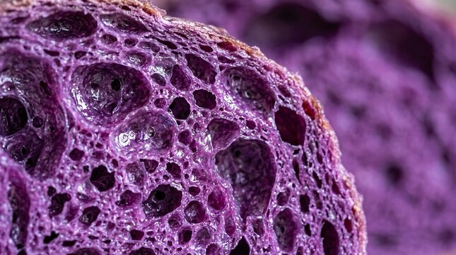Ultra macro photography of vibrant purple taro bread interior showcasing its airy sponge-like structure and glistening soft moisture detail.