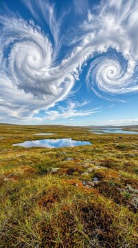 Swirling clouds form vortex shapes above a vast open tundra landscape with calm water reflections